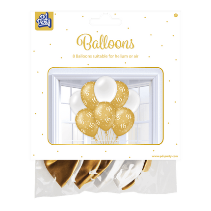 Ballonnen 16 Jaar Goud Wit 30cm 8st van Paper Dreams koop je bij Partywinkel