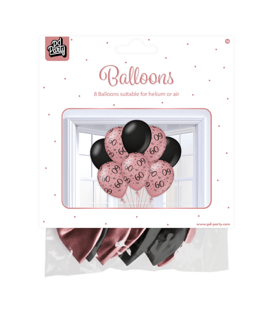 Ballonnen 60 Jaar Rose Zwart 30cm 8st van Paper Dreams koop je bij Partywinkel