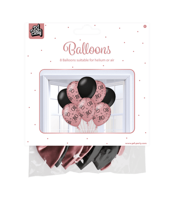 Ballonnen 80 Jaar Rose Zwart 30cm 8st van Paper Dreams koop je bij Partywinkel