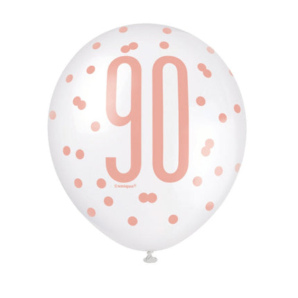 Ballonnen 90 Jaar Rose Goud 30cm 6st van Unique koop je bij Partywinkel