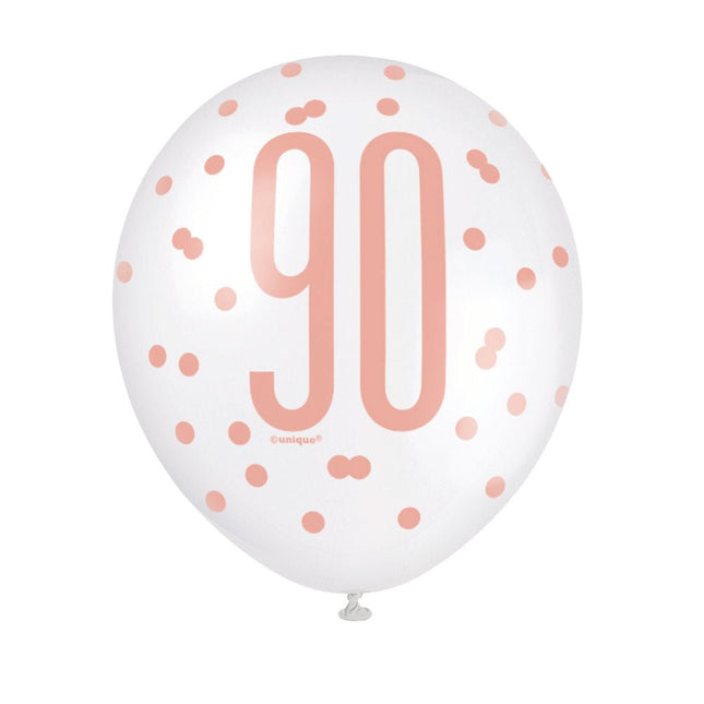 Ballonnen 90 Jaar Rose Goud 30cm 6st van Unique koop je bij Partywinkel