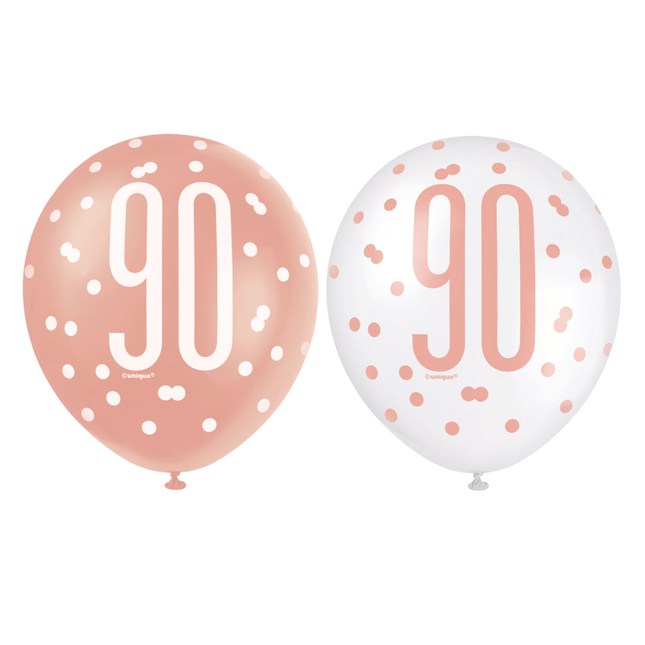Ballonnen 90 Jaar Rose Goud 30cm 6st van Unique koop je bij Partywinkel