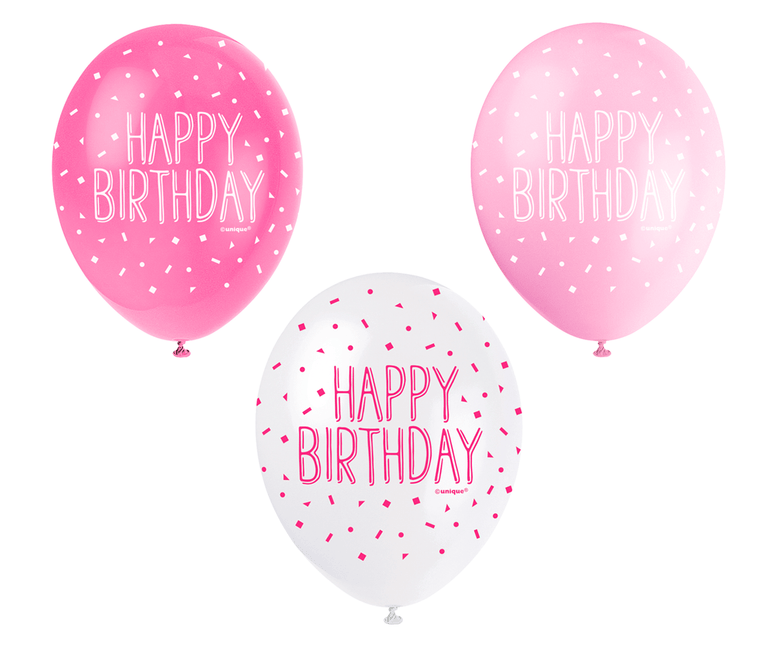 Ballonnen Happy Birthday Confetti Roze 30cm 5st van Unique koop je bij Partywinkel