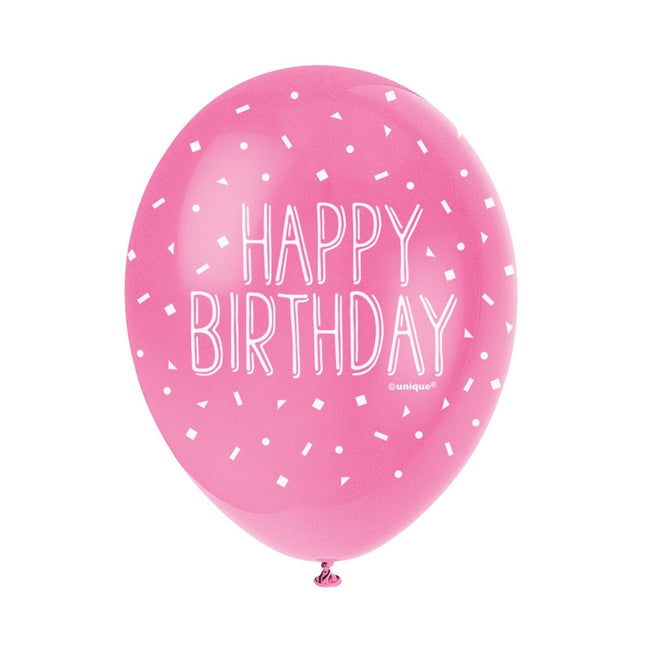 Ballonnen Happy Birthday Confetti Roze 30cm 5st van Unique koop je bij Partywinkel