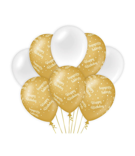 Ballonnen Happy Birthday Goud Wit 30cm 8st van Paper Dreams koop je bij Partywinkel