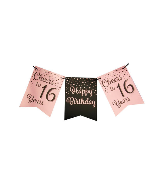 Banner 16 Jaar Roze Zwart 6m van Paper Dreams koop je bij Partywinkel