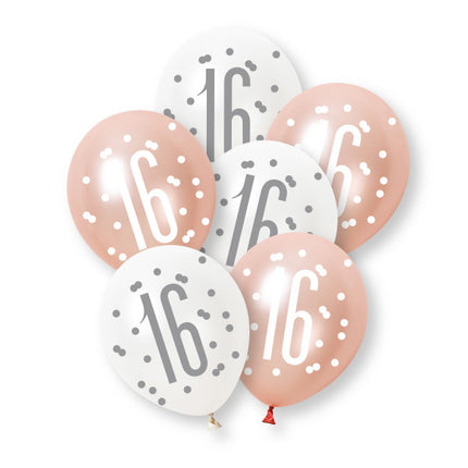 6ct Glitz Rose Gold Number 16 Assorted Platinum & Pearl Premium 30cm Latex Balloons