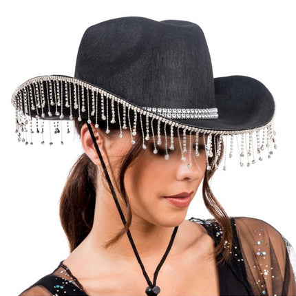 Svart cowboyhatt med hängande strass, en storlek