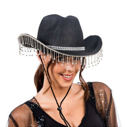 Svart cowboyhatt med hängande strass, en storlek