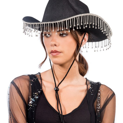 Svart cowboyhatt med hängande strass, en storlek