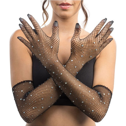 Zwarte Visnet Handschoenen met Strass 45cm