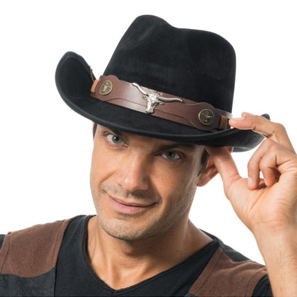 Svart cowboyhatt med tjurhuvud, one size