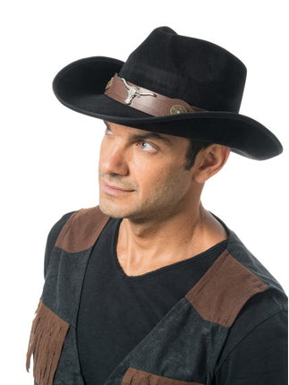 Svart cowboyhatt med tjurhuvud, one size