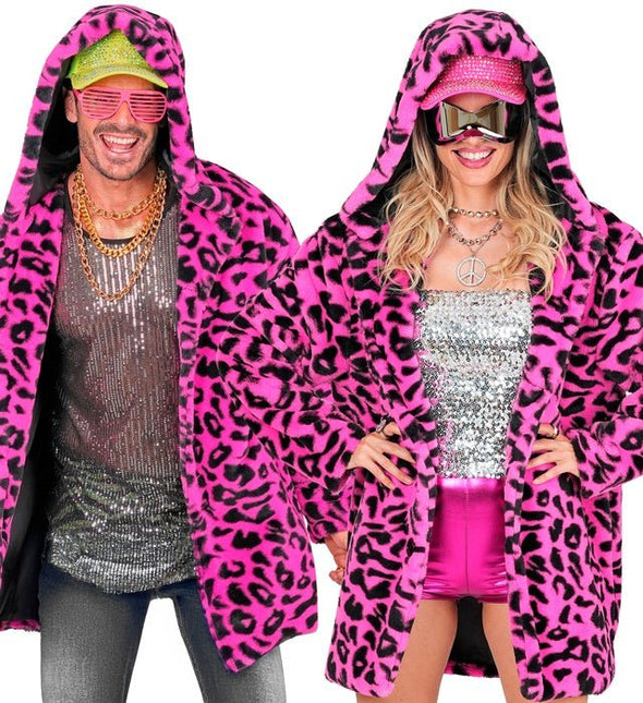 Bontjas Met Muts Pluche Luipaard Neon Roze van Widmann koop je bij Partywinkel