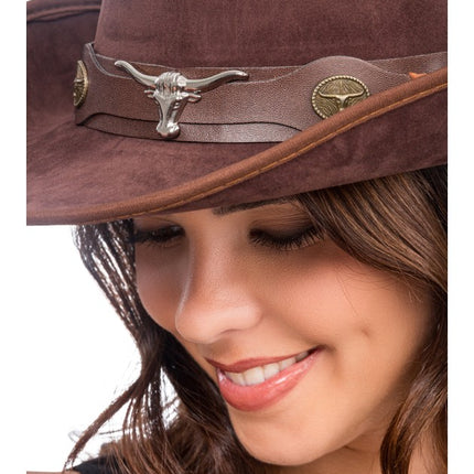 Brun cowboyhatt med tjurhuvud, en storlek