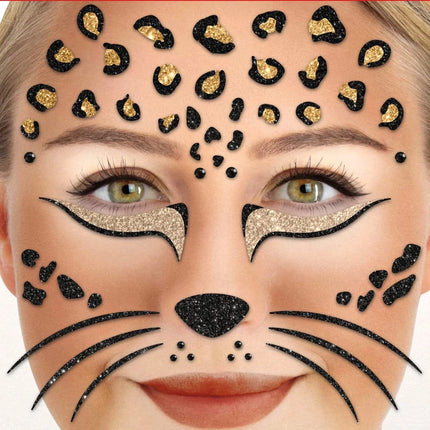 Bruin Zwarte Nep Tattoos Gezicht Glitter Panter van VDV Benefit koop je bij Partywinkel