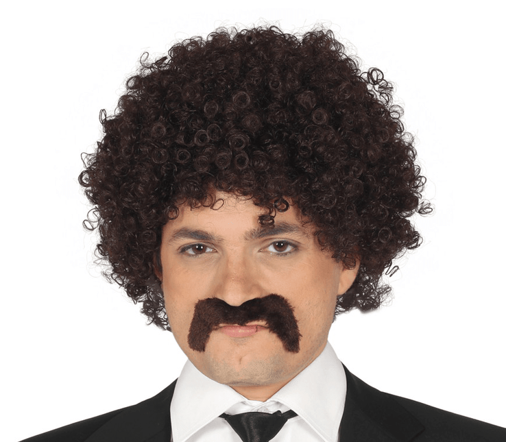 Bruine Pruik Krullen Snor van Fiestas Guirca koop je bij Partywinkel