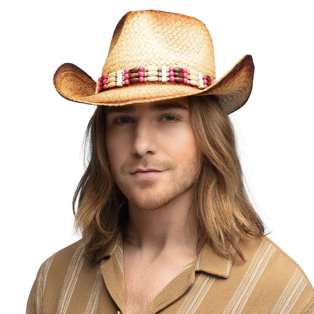Bruine Stro Hoed Met Kralen van Boland koop je bij Partywinkel