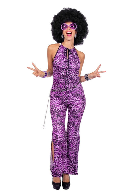 Disco 70S Jumpsuit Paars Dames Panterprint van Wilbers & Wilbers koop je bij Partywinkel