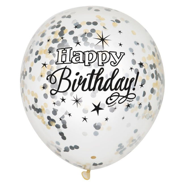 Confetti Ballonnen Happy Birthday Zwart 30cm 6st van Unique koop je bij Partywinkel