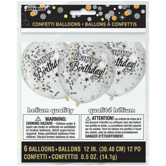 Confetti Ballonnen Happy Birthday Zwart 30cm 6st van Unique koop je bij Partywinkel