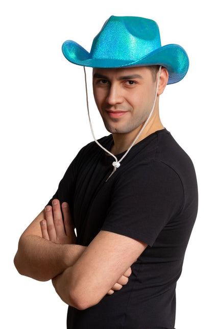 Cowboy Hoed Shiny Turquoise van Partychimp koop je bij Partywinkel
