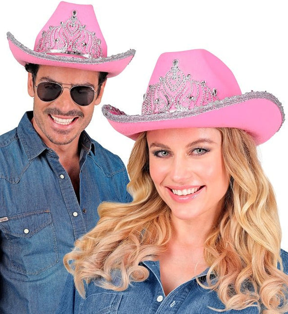 Cowboyhoed Partygirl Met Tiara Roze van Widmann koop je bij Partywinkel
