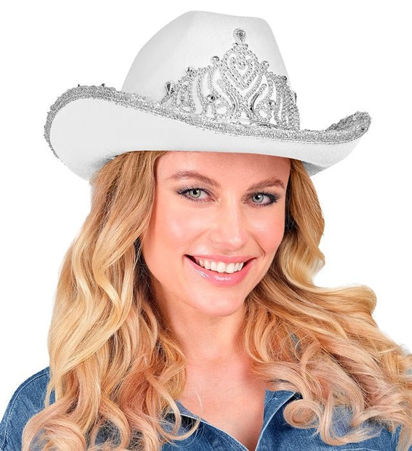 Cowboyhoed Partygirl Met Tiara Wit van Widmann koop je bij Partywinkel