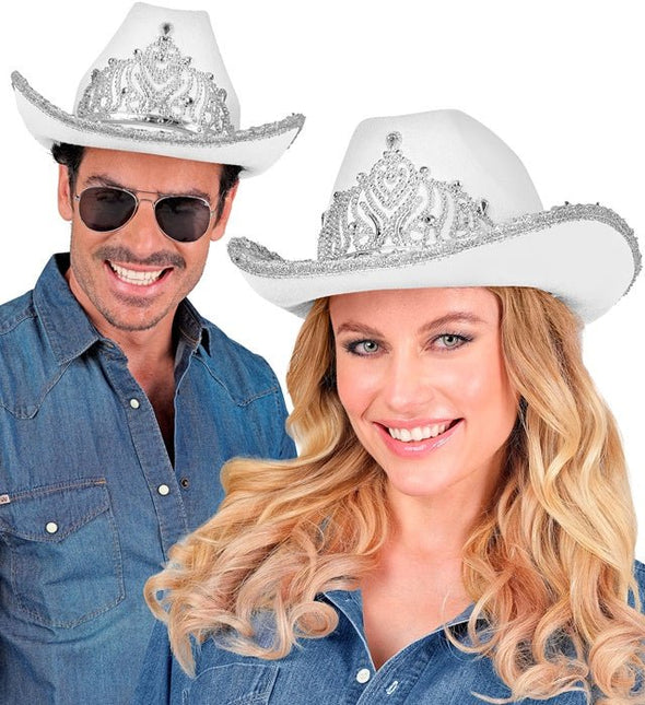 Cowboyhoed Partygirl Met Tiara Wit van Widmann koop je bij Partywinkel