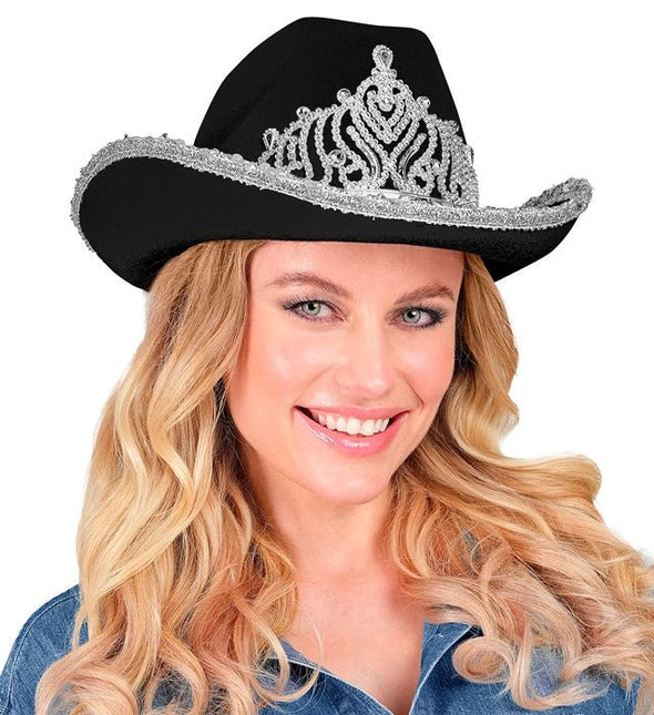 Cowboyhoed Partygirl Met Tiara Zwart van Widmann koop je bij Partywinkel