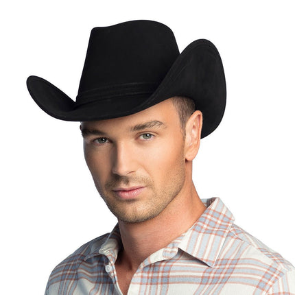 Cowboyhoed Zwart Leatherlook Deluxe van Boland koop je bij Partywinkel