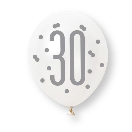 6ct Glitz Rose Gold Number 30 Assorted Platinum & Pearl Premium 30cm Latex Balloons