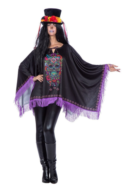 Dia De Los Muertos Poncho Zwart Paars van Wilbers & Wilbers koop je bij Partywinkel