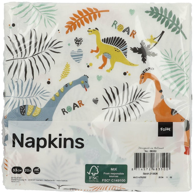 Dino Servetten Gekleurd 33cm 20st van Folat koop je bij Partywinkel