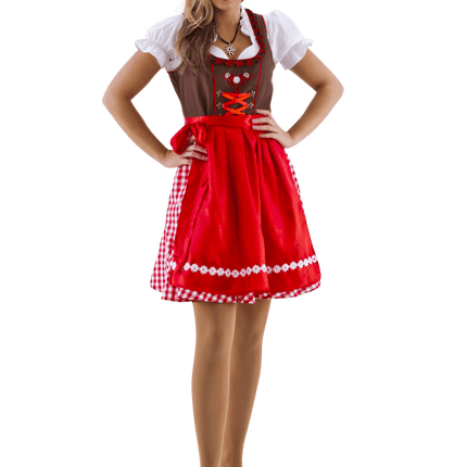 Dirndl bruin - rood/wit geruit van Haus Huberts koop je bij Partywinkel