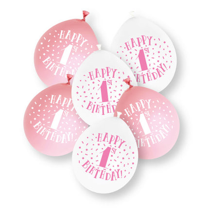 1-årsdag, latexballonger, rosa, 23 cm, 10 st