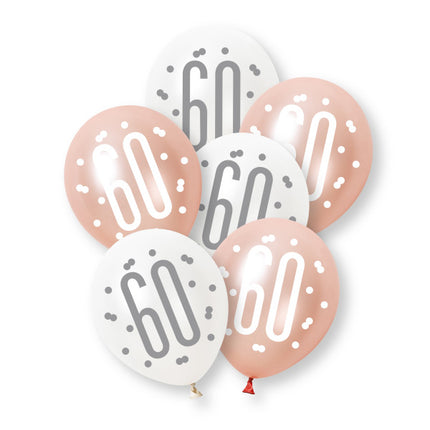 6ct Glitz Rose Gold Number 60 Assorted Platinum & Pearl Premium 30cm Latex Balloons