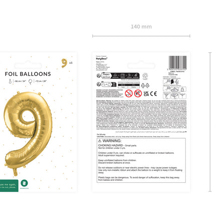 9 års figurballong guld tom 72 cm