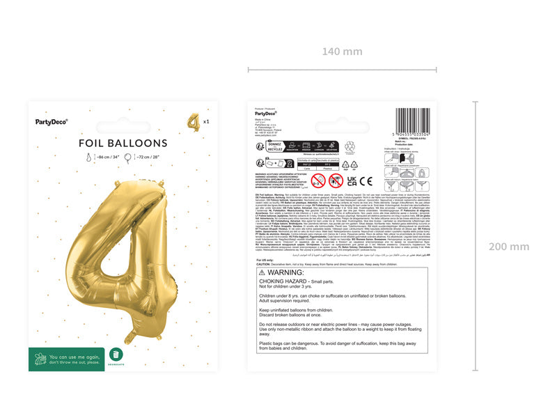 4 års figurballong guld tom 72 cm