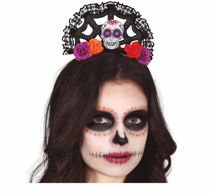 Dia De Los Muertos hårband blommor och dödskalle