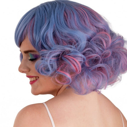 Peruk Arlene Kort med lockar Pastellblå och rosa