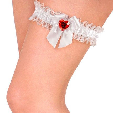 Vita strumpeband med rött diamanthjärta