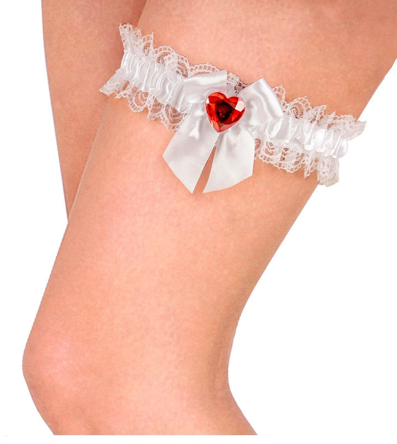 Vita strumpeband med rött diamanthjärta