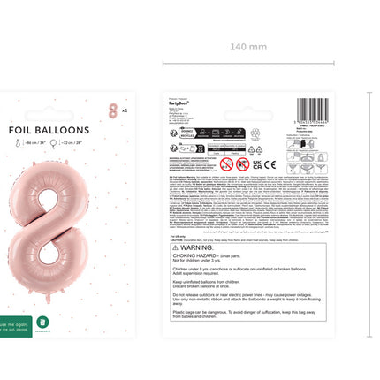 8 års figurballong ljusrosa tom 72 cm