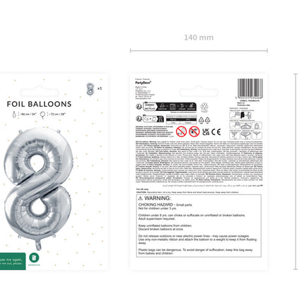 8 års figurballong silver tom 72 cm