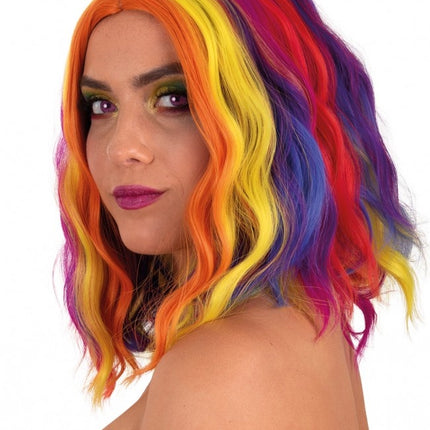 Peruk Alicia halvlång med våg röd, gul och orange