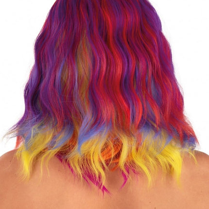 Peruk Alicia halvlång med våg röd, gul och orange