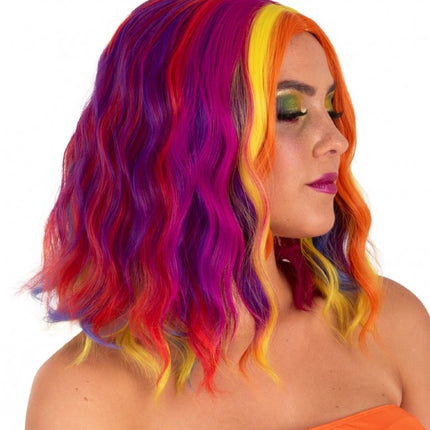 Peruk Alicia halvlång med våg röd, gul och orange