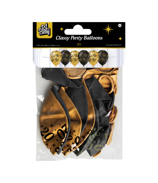 Guld Svarta Ballonger 20 År 30cm 6st