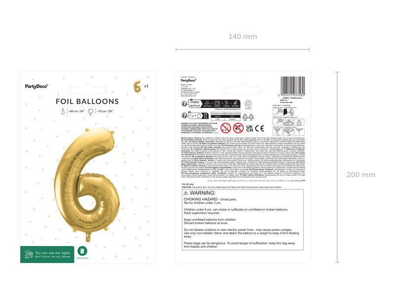 6 års figurballong guld tom 72 cm